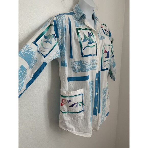 Play Alegre Painted Blouse Women XL  Coastal Boats Button Up White Fish - Picture 7 of 10